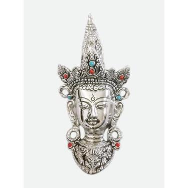 Imagem de Gangesindia Enfeite de parede com cabeça de Buda com coroa de metal, estátua de rosto de Buda decoração de máscara de metal branco | Presente de exibição de estátua budista tibetana