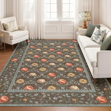 Imagem de GarveeHome Tapetes laváveis de 20 x 25 cm para sala de estar, tapetes florais boêmios, antiderrapantes, macios, macios, resistentes a manchas, design floral, vintage, tapete grande para quarto, sala