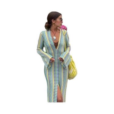 Imagem de Vestido Maxi Crochê Listrado Colorido - Manga Flare, Decote V e Fenda,