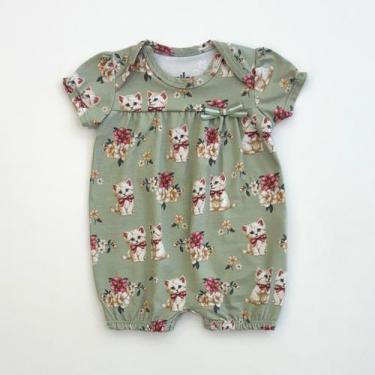 Imagem de Macaquinho Milon Infantil Bebes Menina Verde Gatinhas Verão Moda Kids 