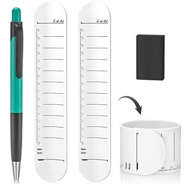 Imagem de 2 pulseiras reutilizáveis apagáveis de silicone com 1 caneta esferográfica de tinta gel e 1 borracha para agenda diária, bloco de notas