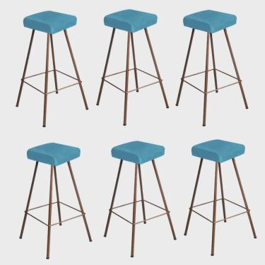 Imagem de Kit 06 Banqueta Alta Lira Eiffel Industrial Cozinha Bar Balcão Bistrô Ferro Bronze Suede Azul Turquesa - Ahz Móveis