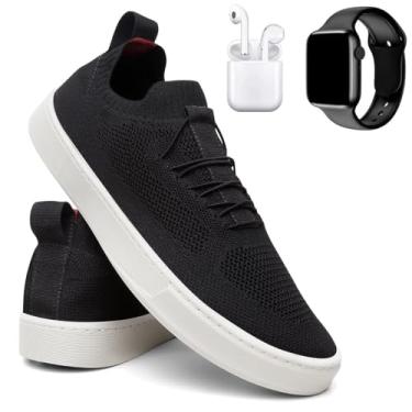 Imagem de Tênis Masculino Knit Casual Básico Calce Fácil Confortável + Fone + Relógio - Preto/43