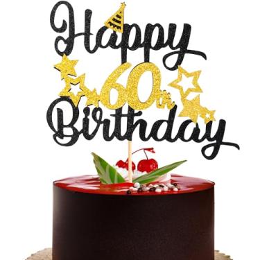 Imagem de 1 peça de topo de bolo de feliz aniversário de 60 anos - topo de bolo com estrelas douradas pretas com glitter Cheers to 60 anos, decorações de festa de aniversário para meninos e meninas (ouro preto