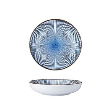 Imagem de Prato de serviço pratos de jantar de cerâmica grandes pratos de sobremesa redondos listrados para bife, salada, macarrão, forno de microondas e pratos seguros para lava-louças (cor: latão, tamanho: 20