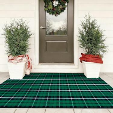 Imagem de KIMODE Tapete xadrez de Natal preto e verde 7,5 x 12,6 cm, tapete xadrez xadrez de fazenda de algodão tecido, tapete de porta lavável, entrada externa para porta da frente, varanda, entrada e pátio