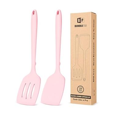 Imagem de Pacote com 2 espátulas de silicone, conjunto de espátulas de cozinha antiaderentes, resistentes ao calor, sem BPA, design de uma peça, adequado para virar peixe, ovos, bifes, panquecas (rosa)