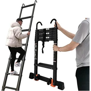 Imagem de OKUOKA Escada telescópica de alumínio para sótão com gancho, extensão preta escadas telescópicas dobráveis para barraca de telhado de 6 m/5 m/4 m/3 m/2 m, cargas 150 kg (tamanho: 2,7 m/8,5 pés) Vida