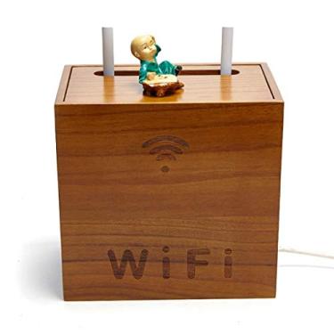 Imagem de 3FLQOOPP Caixa de armazenamento de cabo de madeira para prateleira de unidade Caixa de armazenamento de cabo de tomada WiFi Rack de roteador para adaptadores Hubs USB Caixa de armazenamento decorativa