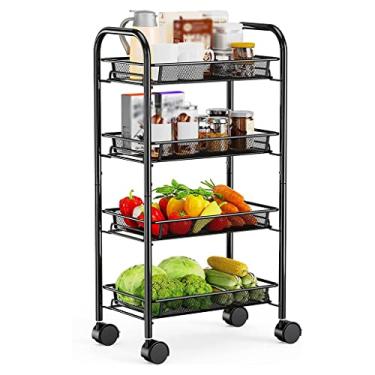 Imagem de Carrinho utilitário preto com rodinhas de malha de 4 camadas, carrinho de armazenamento de metal bloqueável sobre rodas, organizador fino de cozinha e banheiro com 4 ganchos, carrinho de rodinhas