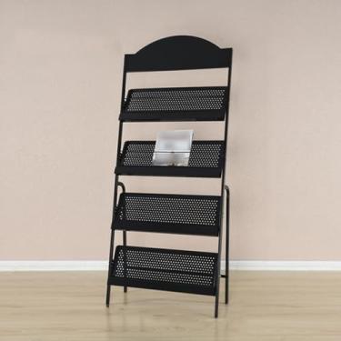 Imagem de Porta-revistas A4 de metal preto - Suporte de exibição de folheto de chão com orifícios de ventilação para livros, jornais e folhetos - Suporte de literatura elegante para casa ou escritório