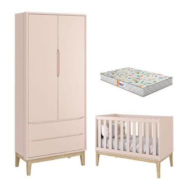 Imagem de Berço Americano e Guarda Roupa 2 Portas New Classic Rosa com Pés Madeira Natural e Colc...