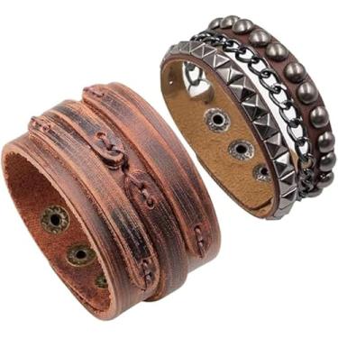 Imagem de Pulseira de couro punk, 2 pulseiras de couro PU com rebite de corrente, joias vintage retrô de rock gótico para homens, Medium, Couro sintético, Sem Pedra Preciosa
