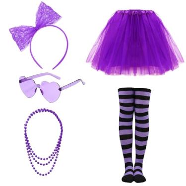 Imagem de Ewaycom Conjunto de acessórios de fantasia de tutu roxo feminino, 4 camadas, tule, saia, coração, óculos de sol, laço, faixa de cabeça, conjunto de estoque listrado para mulheres, dia dos namorados,