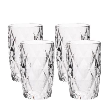 Imagem de Jogo 4 Copos De Vidro Diamond Diamante Transparente Resistente 400ml Em Casa Tem