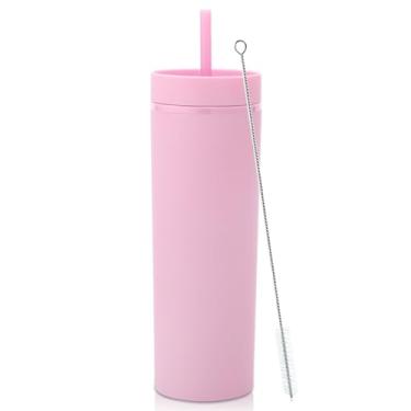 Imagem de Volhoply Copo skinny de plástico de 590 ml, copos de parede dupla com tampa e canudo, caneca de café gelada de viagem reutilizável, copos de água de acrílico fosco sem BPA com canudo para festas