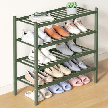 Imagem de Smiry Sapateira de bambu para armário, organizador de sapatos empilhável de madeira de 4 níveis, prateleira de armazenamento de sapatos de pé livre para entrada, entrada da porta da frente, verde