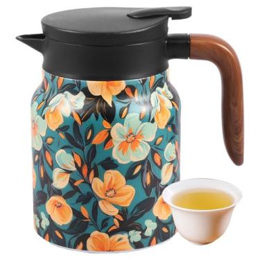 Imagem de Bule de chá vintage com estampa de flor, 1000 ml, isolamento a vácuo, bule térmico de aço inoxidável com infusor removível e cabo de madeira para escritório em casa (verde)
