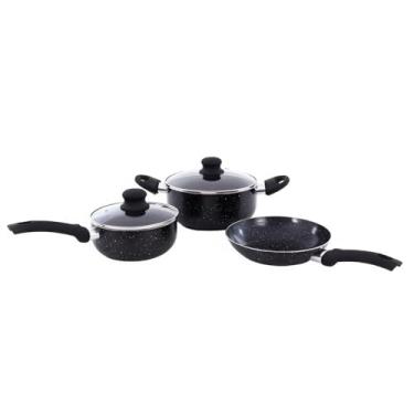 Imagem de Conjunto de Panelas Antiaderente, 5 Peças, Preto com Revestimento em Granito, Caçarola, Frigideira e Panela com Tampa de Vidro