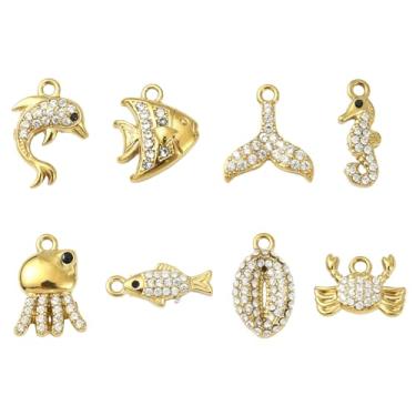 Imagem de Stiesy Pingentes de animais do oceano, 8 peças, aço inoxidável 304 com zircônia cúbica, banhado a ouro 18 K, pingentes minúsculos com tema do mar, achados de joias para pulseira faça você mesmo, 8