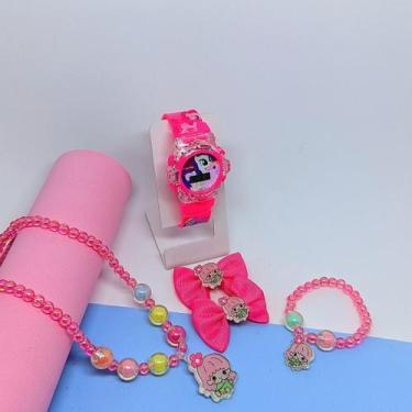 Imagem de Kit Relógio Infantil Digital Pisca Luz Toca Musica Hello Kitty + Colar