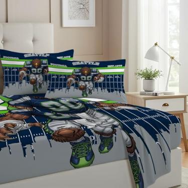 Imagem de Allenjoy Jogo de lençol Seattle American Football Blue Surge com lençol com elástico, lençol de cima e 2 fronhas para decoração de quarto de meninos, adolescentes e adultos, tamanho casal