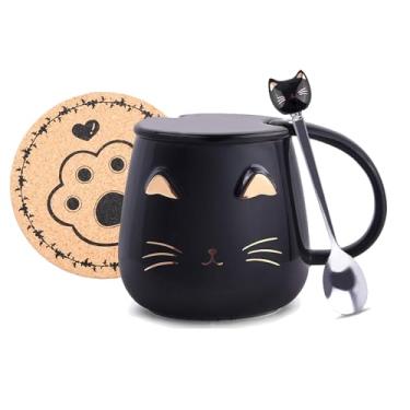 Imagem de Caneca de café de cerâmica rosa gato fofo xícaras de chá feitas à mão com colher de aço inoxidável copo de gatinho exclusivo chocolate quente canecas de Natal aniversário para meninas mulheres (preto)