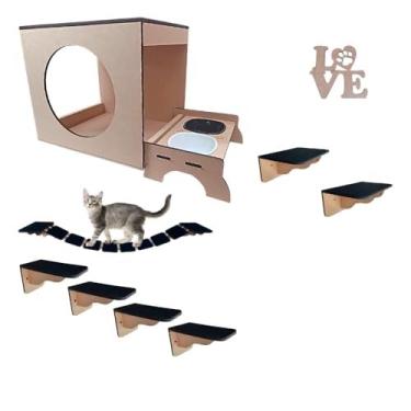 Imagem de Gatificação Playground De Parede Para Gato 9 Peças Brinquedo em Mdf e Carpete Antiderrapante