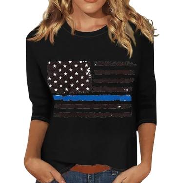 Imagem de Camisetas femininas 4th of July 4th of July Shirts Star Stripes 3/4 Sleeve American Flag Shirt Summer Fashion 2024, 1 preto, G