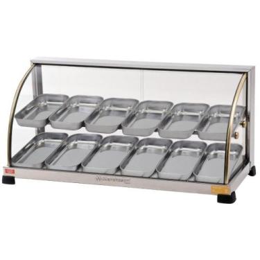 Imagem de Estufa Para Salgado Dupla Vitrine 12 Bandejas Expositor Ouro Curva Mar