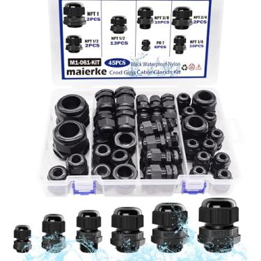 Imagem de maierke Kit de prensa de cabo de nylon 45 peças, IP68 à prova d'água ajustável 39 peças 1/4" 3/8" 1/2" 3/4" 1" NPT com 6 peças PG7 conectores de cabo de alívio de tensão preto com juntas M1-061-KIT