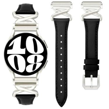 Imagem de JR.DM Pulseiras de couro femininas compatíveis com Samsung Galaxy Watch 6/5/4/Active 2 de 40 mm e 44 mm/Watch 6 Classic de 43 mm e 47 mm/Watch 5 Pro de 45 mm/Watch 4 Classic de 42 mm e 46 mm, fina de
