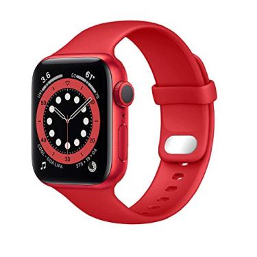 Imagem de NUKELOLO Pulseira esportiva compatível com pulseiras Apple Watch 42 mm 44 mm, pulseira de substituição de silicone macio compatível com iWatch Series SE 6 5 4 3 2 1 feminino masculino [tamanho 42/44 mm na cor vermelha]