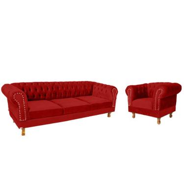Imagem de Um Sofá Chesterfield Duque 2.30 + Uma Poltrona - Suede Vermelho / Sala Recepção Barbearia Decoração