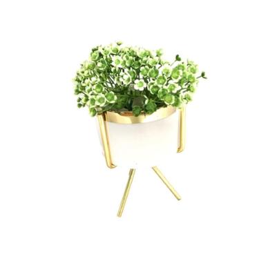 Imagem de Cachepot Resina Branco Base Metal Gold E Planta Decor