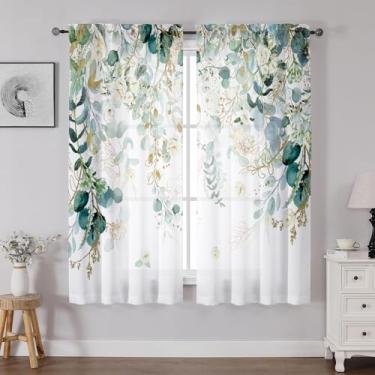Imagem de Cortinas de folhas de eucalipto verde 153 cm de comprimento, 2 painéis, elegante flor silvestre floral filtro de luz quarto sala de estar cozinha cortina para janela pequena, cortinas verdes sálvia