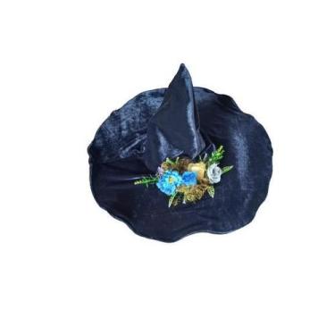 Imagem de Chapéu bruxa azul floral veludo luxuoso - Princesa Urbana