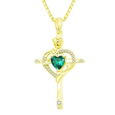 Imagem de CupidGift Colar de cruz para mulheres, banhado a ouro 14 K, banhado a ouro 18K, delicado coração, pedra do mês de nascimento, rosa, joias diárias, batismo, fé, aniversário, Natal, presentes de