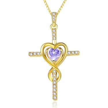 Imagem de CupidGift Colar de cruz para mulheres, banhado a ouro 14 K, pingente de pedra do mês de nascimento, pingente infinito de coração, joias religiosas, batismo cristão, fé, presentes de aniversário para