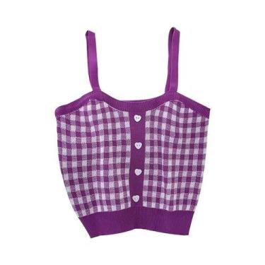 Imagem de Top Cropped De Malha Xadrez Azul Para Mulheres, Camisola De Verão Fofa