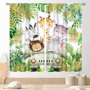 Imagem de TKUYO Cortinas de animais de safári da selva, desenhos animados, leão, girafa, elefante, floresta, folha tropical, cortina de janela verde para crianças, meninos, meninas, bebê, sala de estar, quarto