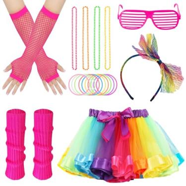 Imagem de AEXHOT Acessórios para fantasias extravagantes dos anos 80, saias femininas tutu de tule arco-íris, luvas, tiaras, óculos de sol neon para festa dos anos 80, Arco-íris 03, Standard