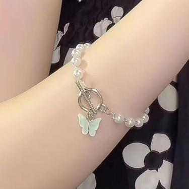 Imagem de Pulseira de borboleta de pérola para mulheres, pulseiras ajustáveis com contas para mãe, boho, pingente de joia