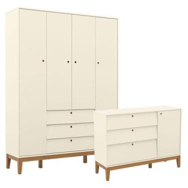 Imagem de Cômoda Sapateira e Guarda Roupa Unique 4 Portas Off White Eco Wood - M