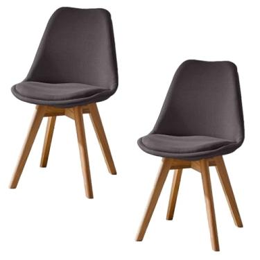 Imagem de Conjunto de 2 cadeiras de jantar de madeira maciça, assentos acolchoados de tecido de linho estofado, cadeiras ergonômicas de cozinha e sala de estar - Móveis de sala de jantar de estilo rústico