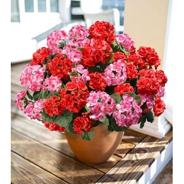 Imagem de Flores artificiais de gerânios falsos para ambientes externos, 6 pacotes de flores de gerânios de seda, plantas falsas realistas, resistentes a UV, flores falsas para plantadores externos, porta da