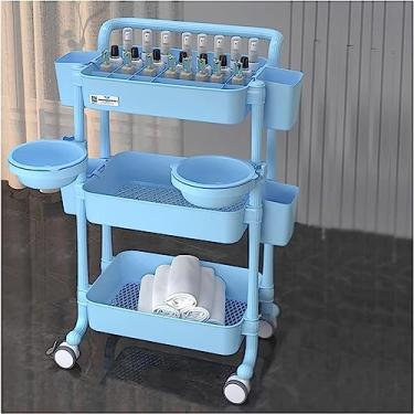 Imagem de Carrinho de salão com rodinhas de 3 níveis com apoio de braço e rodas silenciosas - Carrinho utilitário divisor ajustável para armazenamento de beleza, suporte organizador móvel, azul