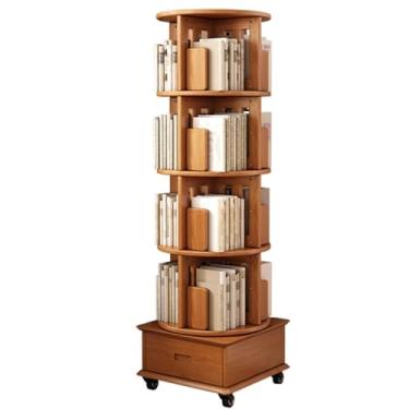 Imagem de Estante giratória de madeira com gaveta, estante de exibição de 360° sobre rodas - Organizador de prateleira de canto estreito de 5 camadas para espaços pequenos.
