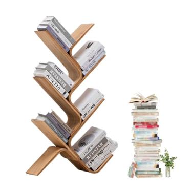 Imagem de Prateleira de livros de bambu para chão, estante de livros de árvore alta moderna, estante de canto pequena organizadora estreita para quarto, sala de estar, escritório em casa