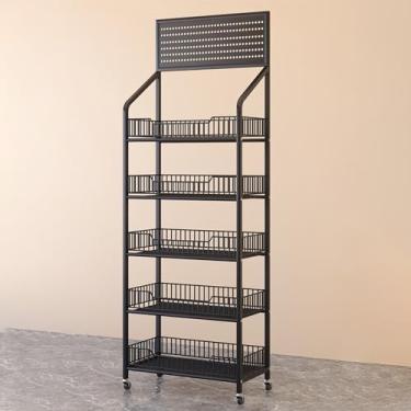 Imagem de Organizador de lanches de metal preto, carrinho utilitário de grande capacidade com 5 cestos com rodízios giratórios, rack de exibição de armazenamento de frutas vegetais de metal frontal aberto (cor